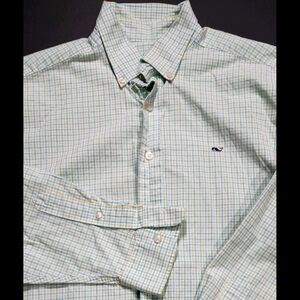 Vineyard Vines Classic Fit Whale Shirt Men Size Medium Green & Blue Check Plaid